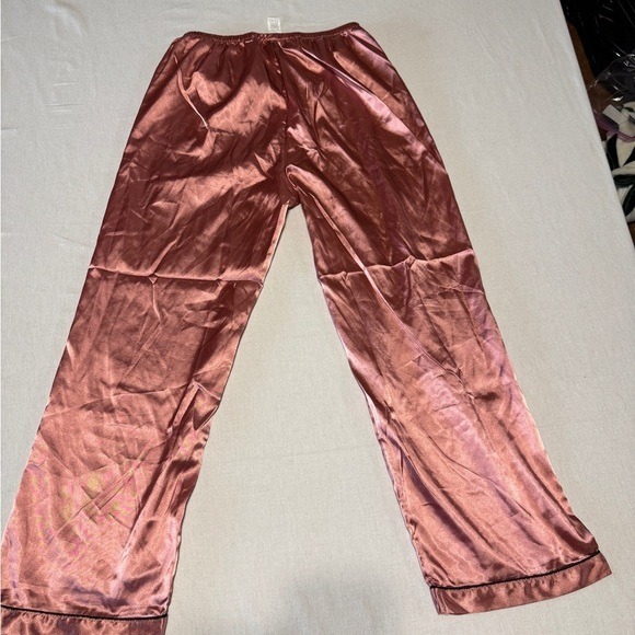 Womens Satin Pajama Set Long Sleeve Button Down Top Pants Sleepwear Rose Gold L - Picture 5 of 9